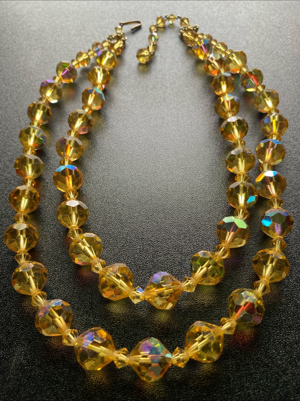 Vintage Necklace Double Strands Faceted, Amber-Colored Crystals - Picture 3 of 6